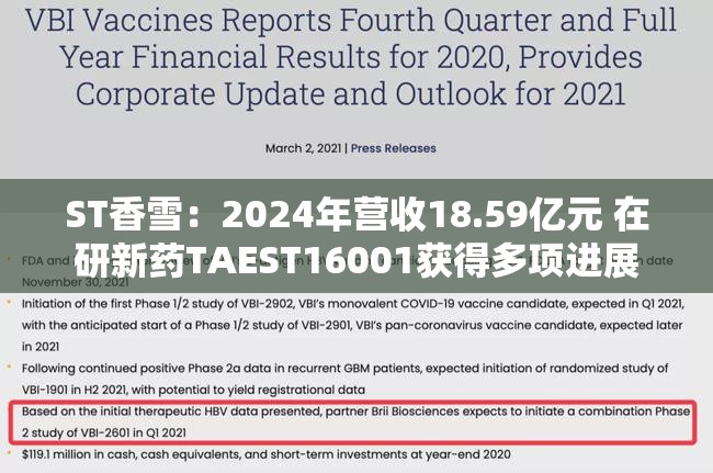 ST香雪：2024年营收18.59亿元 在研新药TAEST16001获得多项进展